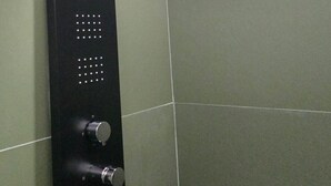Een zwarte douche, bevestigd aan de muur, met een handdouche en bedieningsknoppen.