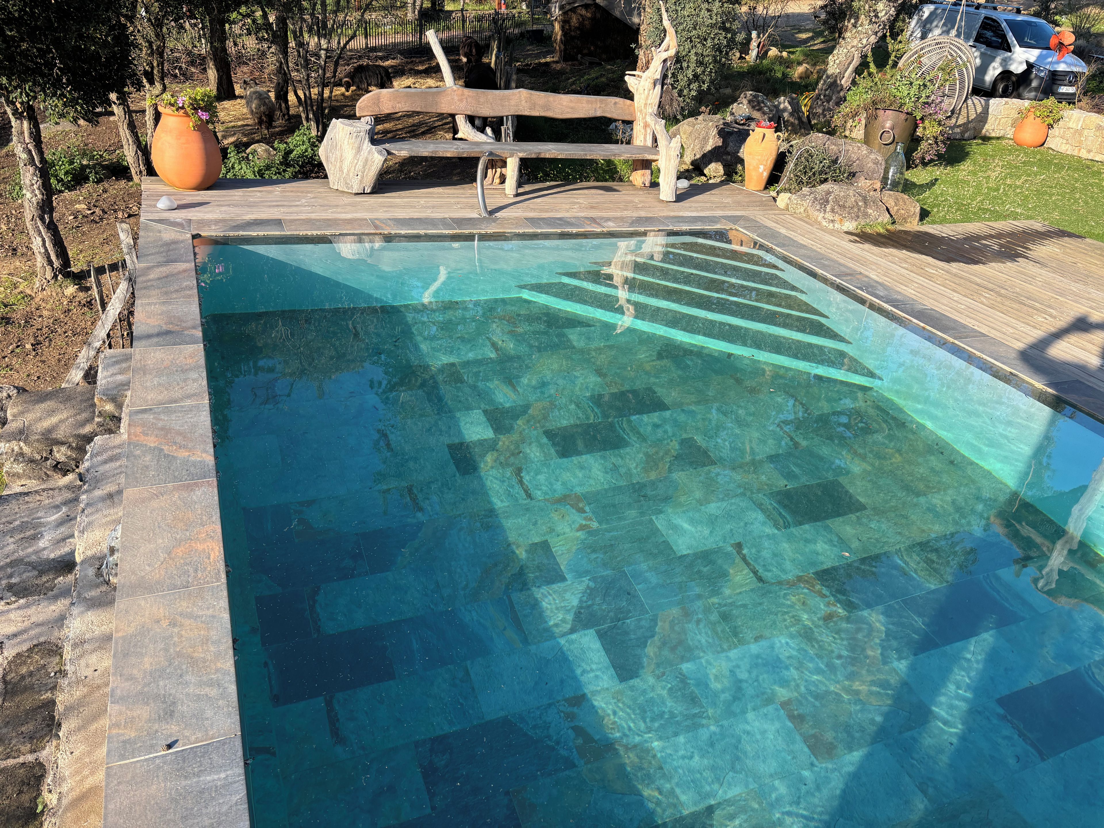 A rectangular swimming pool with clear water, surrounded by a stone deck and wooden benches.