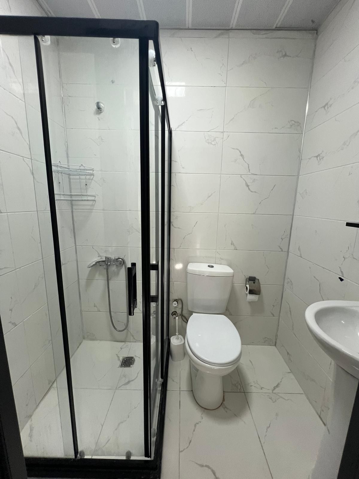 A bathroom with a glass-enclosed shower, a toilet, and a sink.