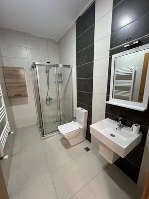 Un baño moderno con ducha de vidrio, inodoro y lavabo con espejo superior.