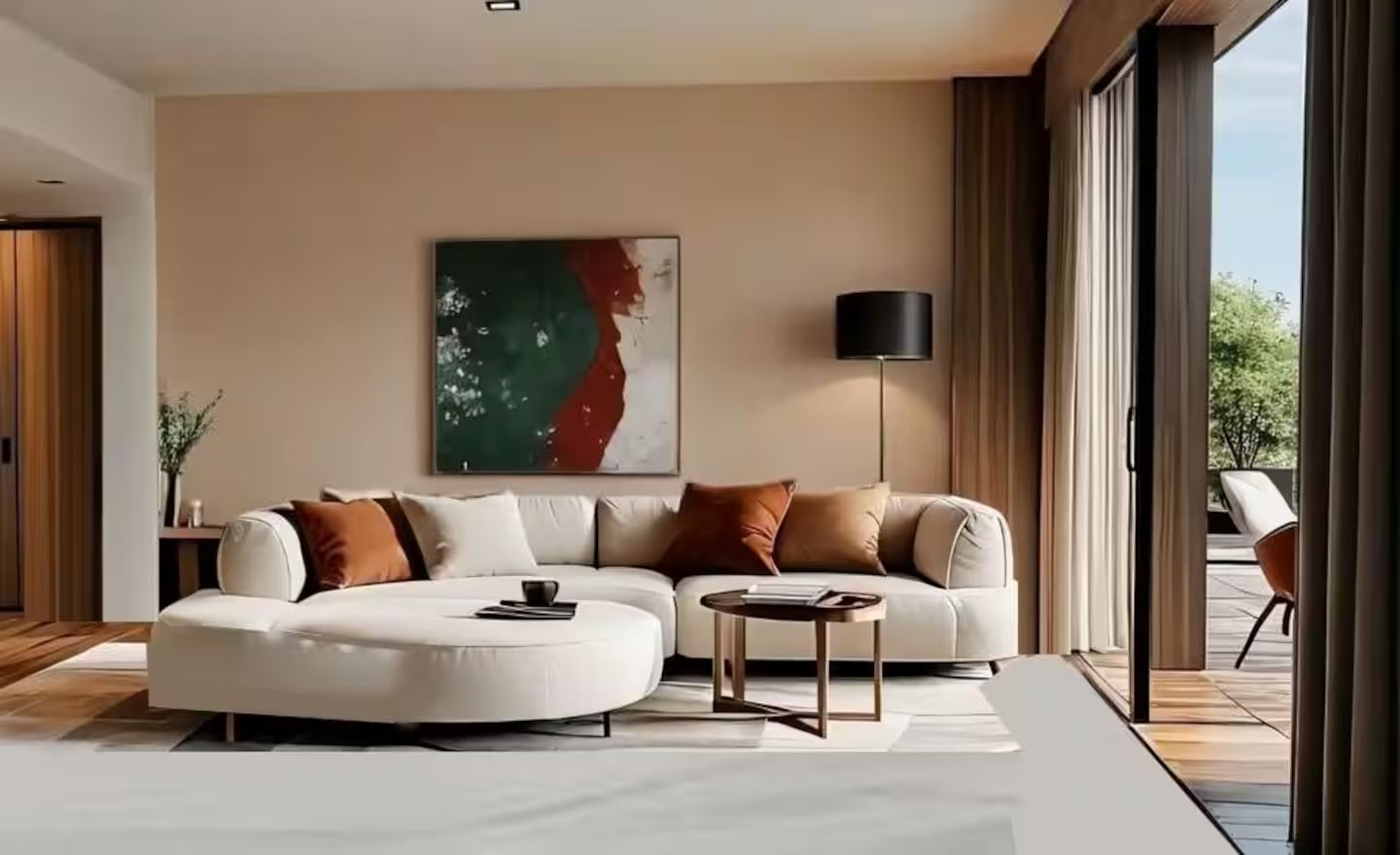 A modern living room with a sectional sofa, a coffee table, and a large abstract painting on the wall.