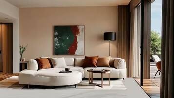 A modern living room with a sectional sofa, a coffee table, and a large abstract painting on the wall.