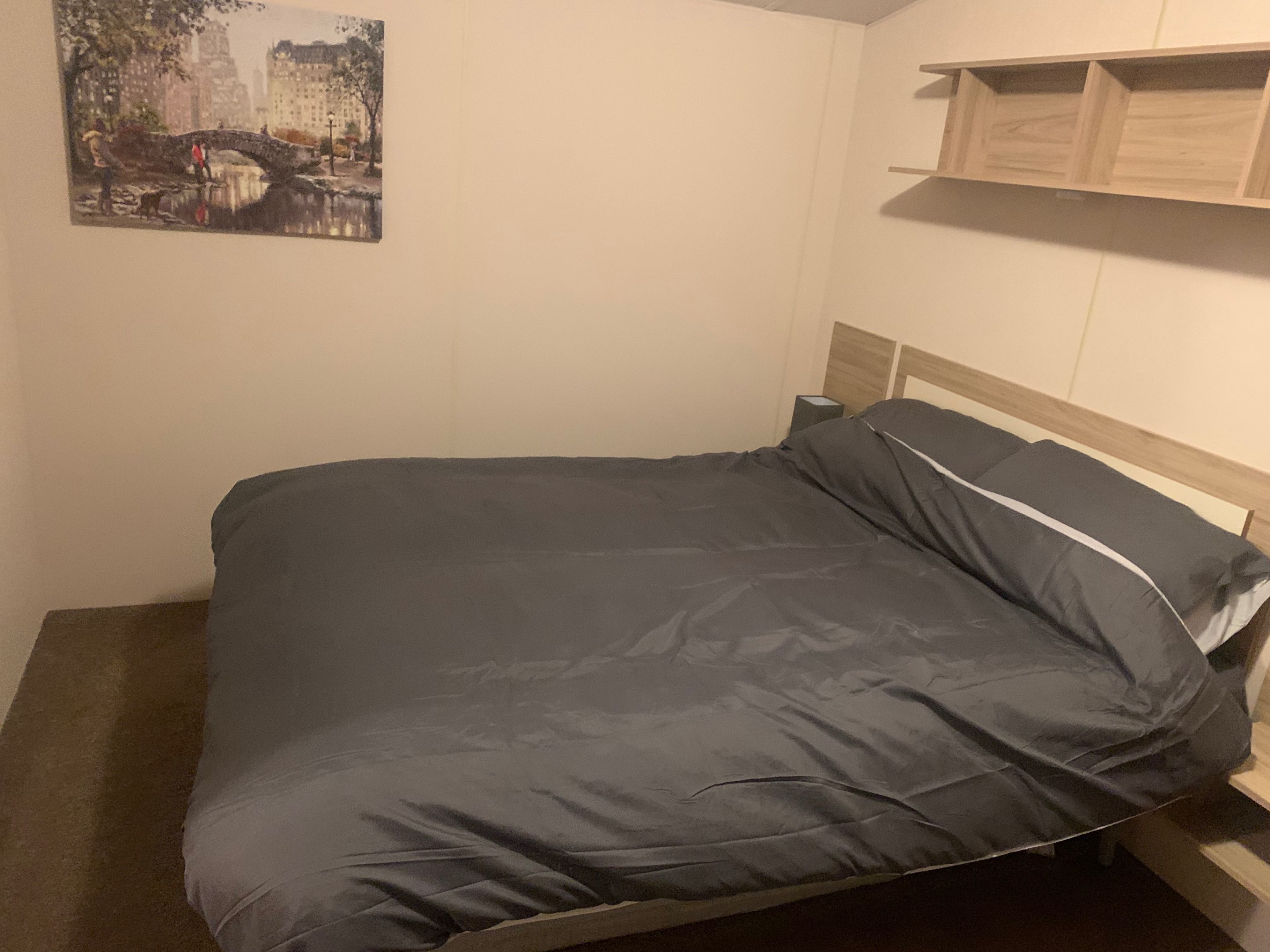 A bedroom with a bed, a nightstand, a wall-mounted shelf, and a painting.