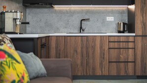 A modern kitchen with a built-in stove, a sink, and a coffee maker. - Luxe Private Studio - Balcony & View (Bratislava III)