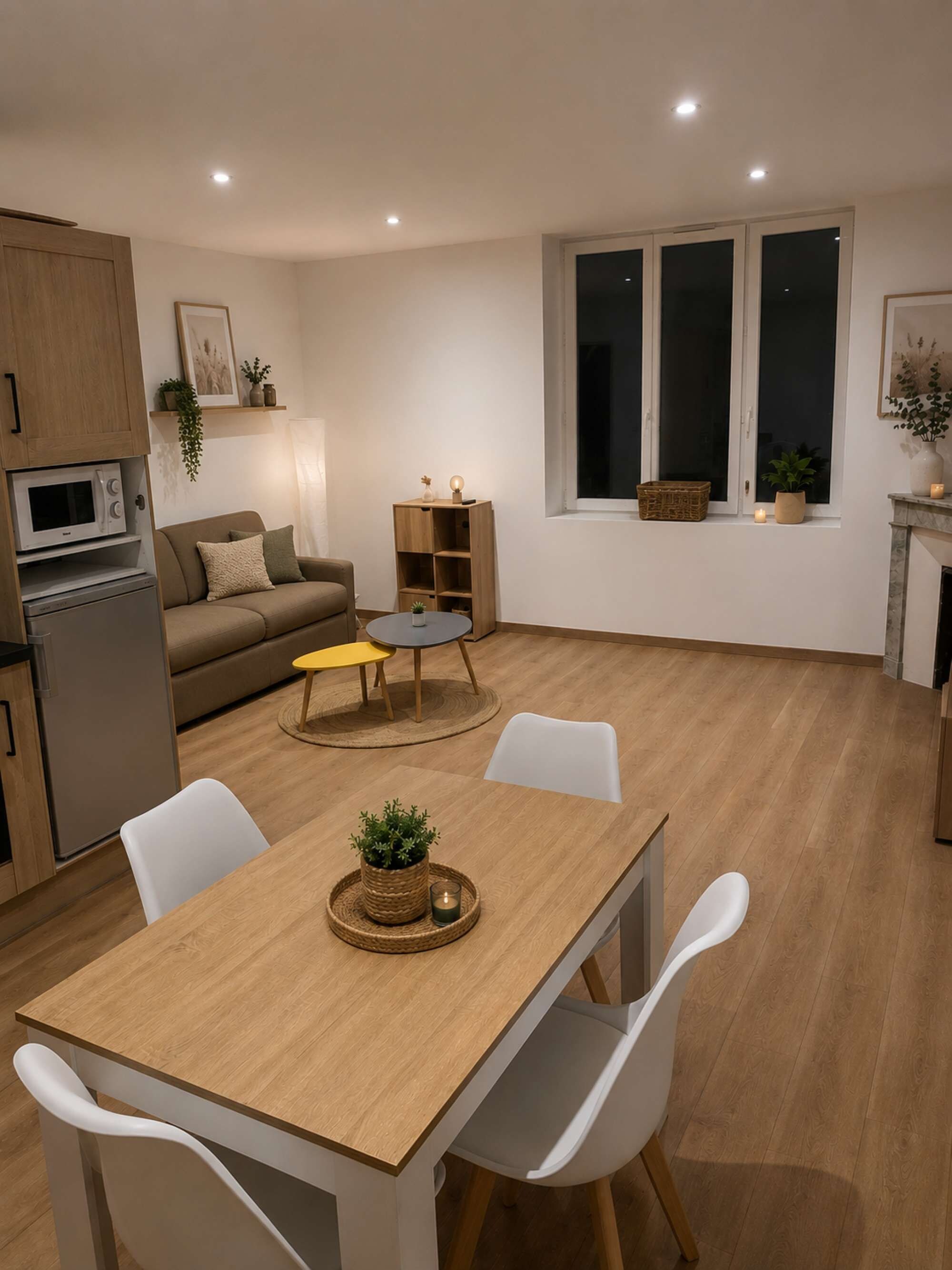 Une cuisine moderne dotée d’appareils électroménagers intégrés, un coin repas avec une table et des chaises en bois, un canapé et une petite table d’appoint.