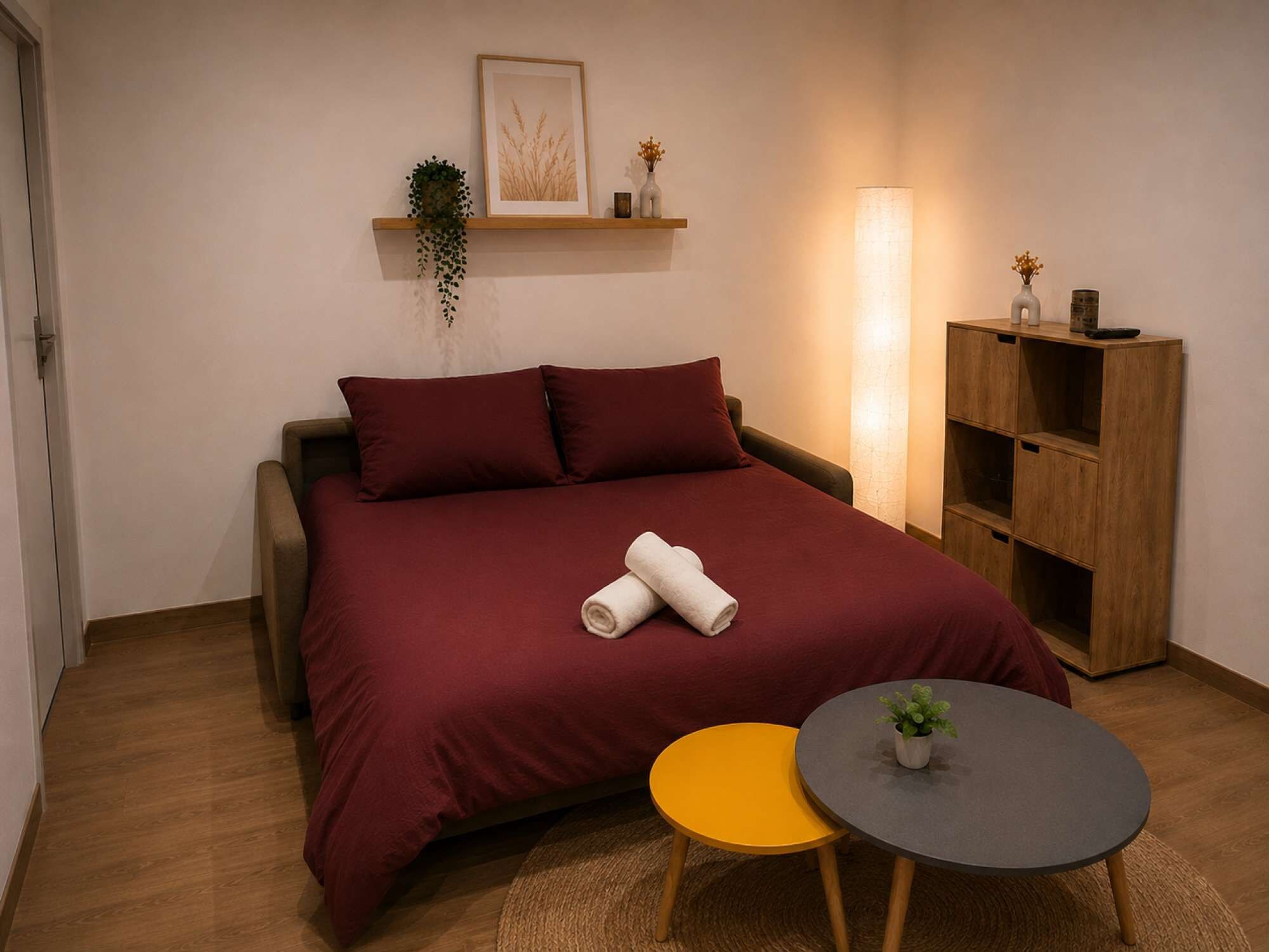 Une chambre à coucher avec un lit, une table de chevet, une lampe, une petite plante et une étagère ornée d’objets décoratifs.