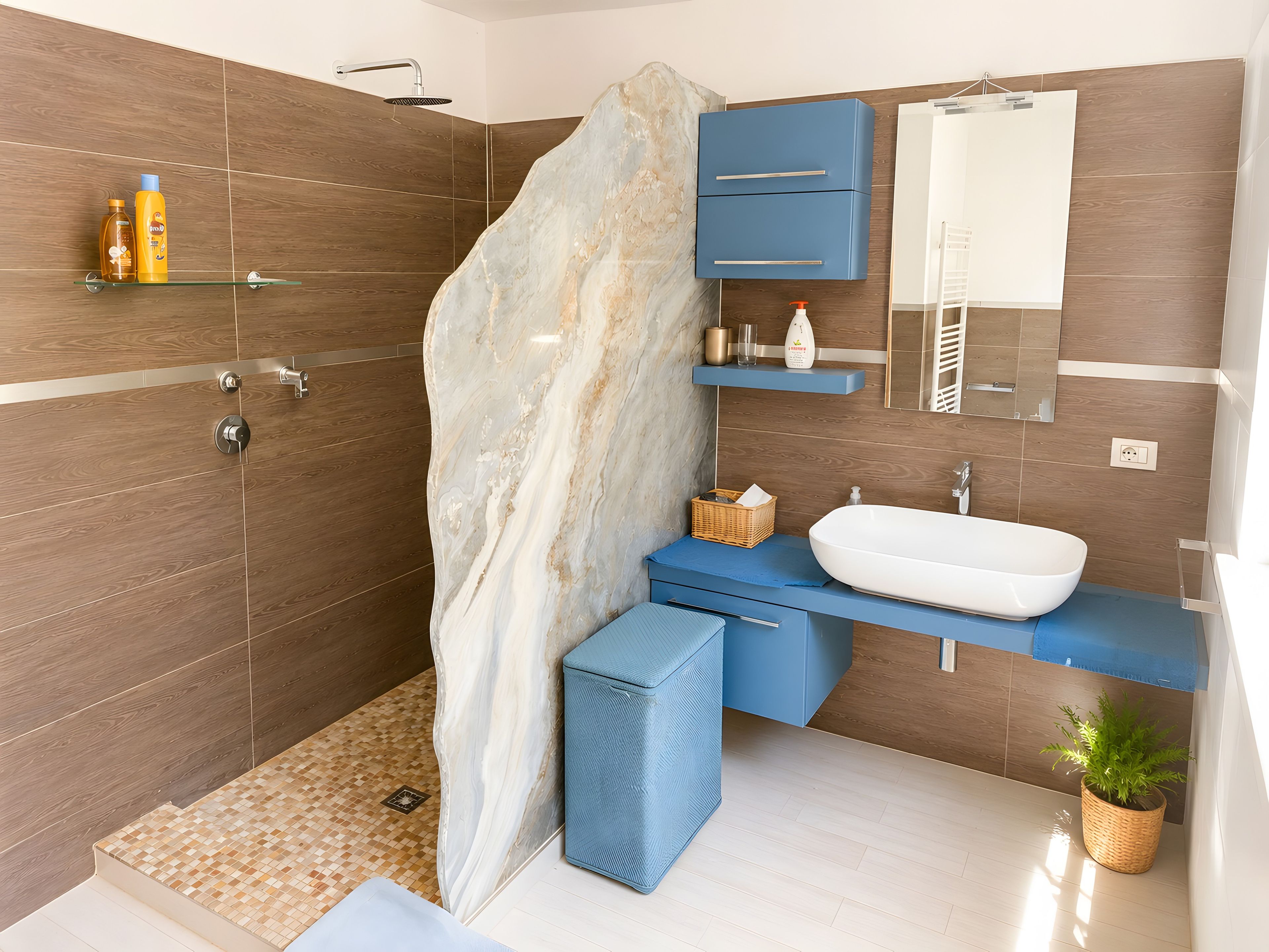 Ein modernes Badezimmer mit einer großen Marmorwand, einem blauen Waschtisch, einem weißen Waschbecken und einer Duschkabine.