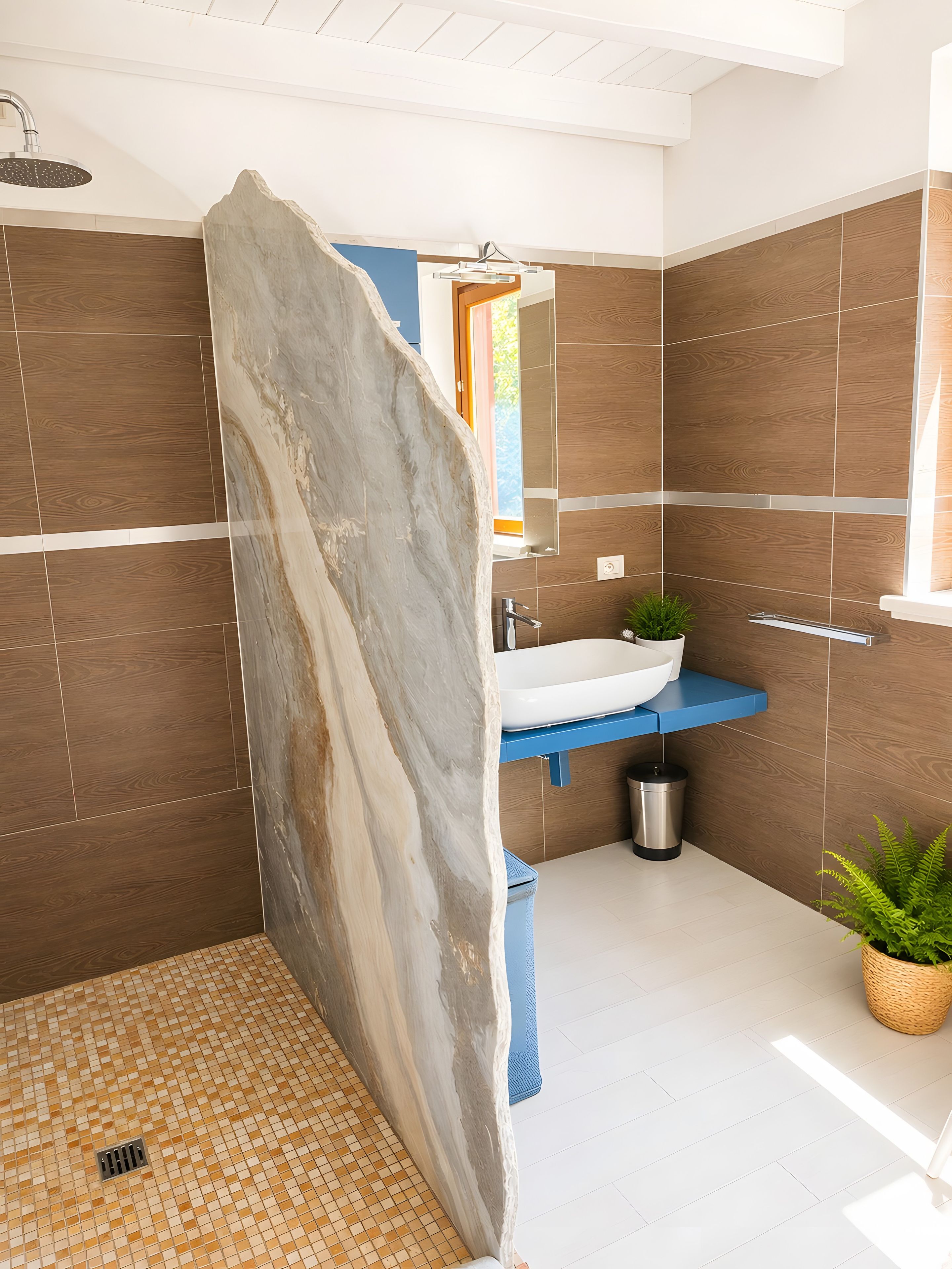 Un bagno con doccia, lavandino e specchio.