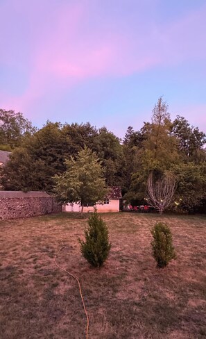 Une cour verdoyante avec un mur de pierre, un petit bâtiment et des arbres.