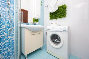 Shower, hair dryer, towels