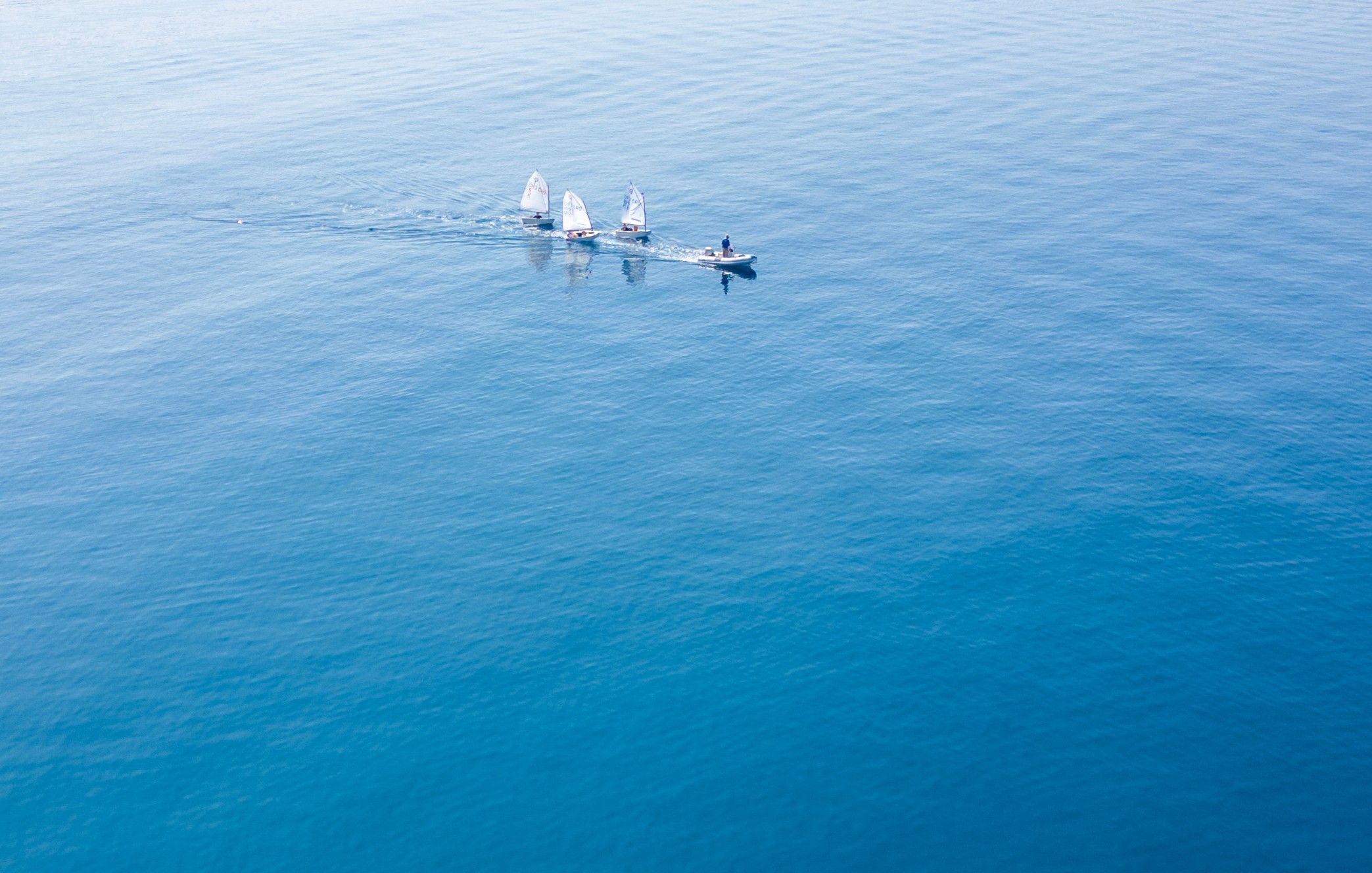 A calm body of water with three sailboats.