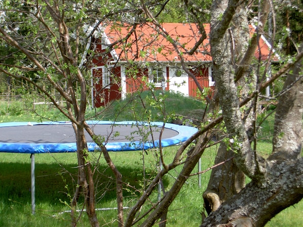 A trampoline in a grassy area with trees and a red-roofed building in the background.