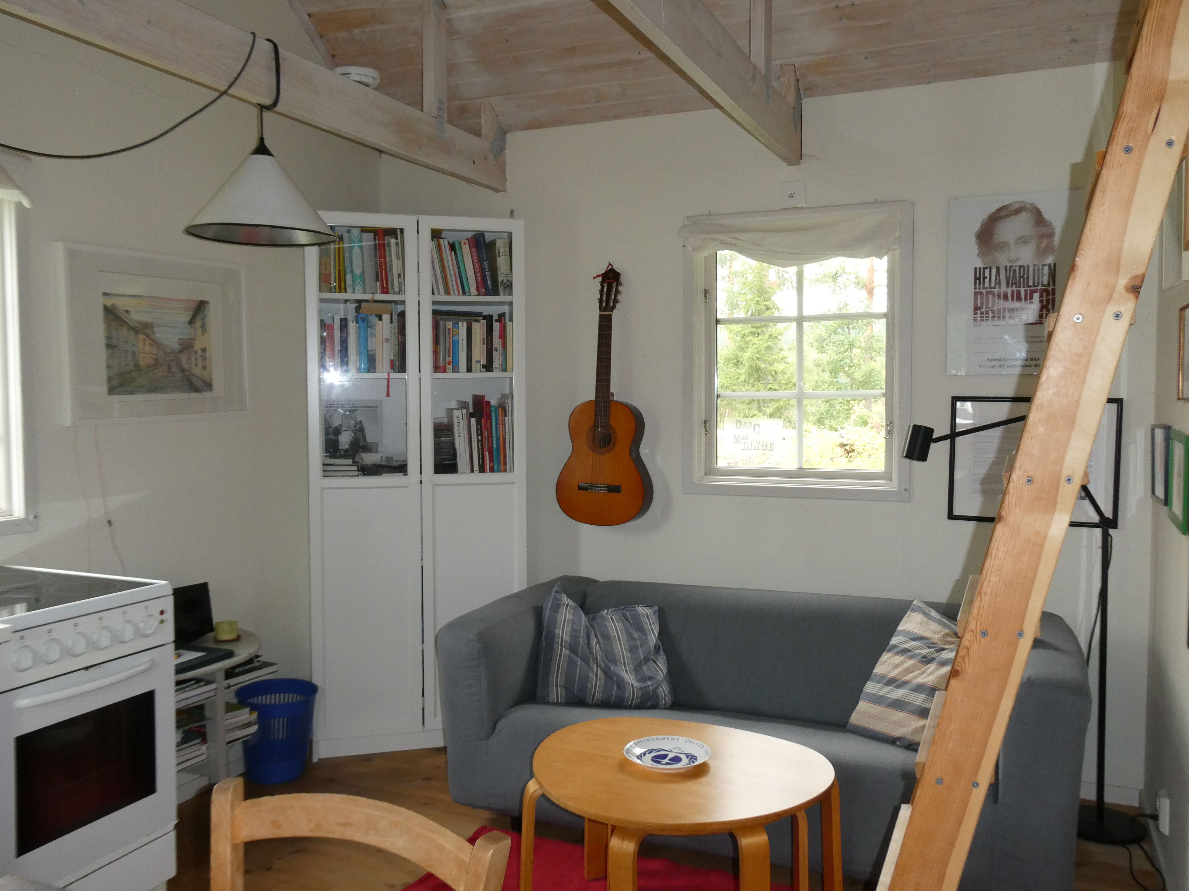 Ett mysigt vardagsrum med en grå soffa, en gitarr i trä, en bokhylla och ett fönster med utsikt över grönskan.
