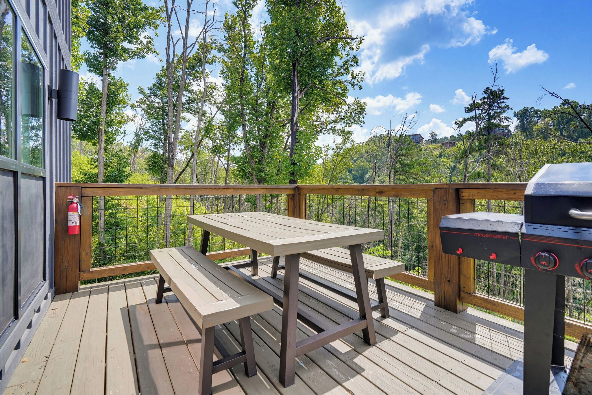Une terrasse extérieure avec une table de pique-nique et un barbecue.