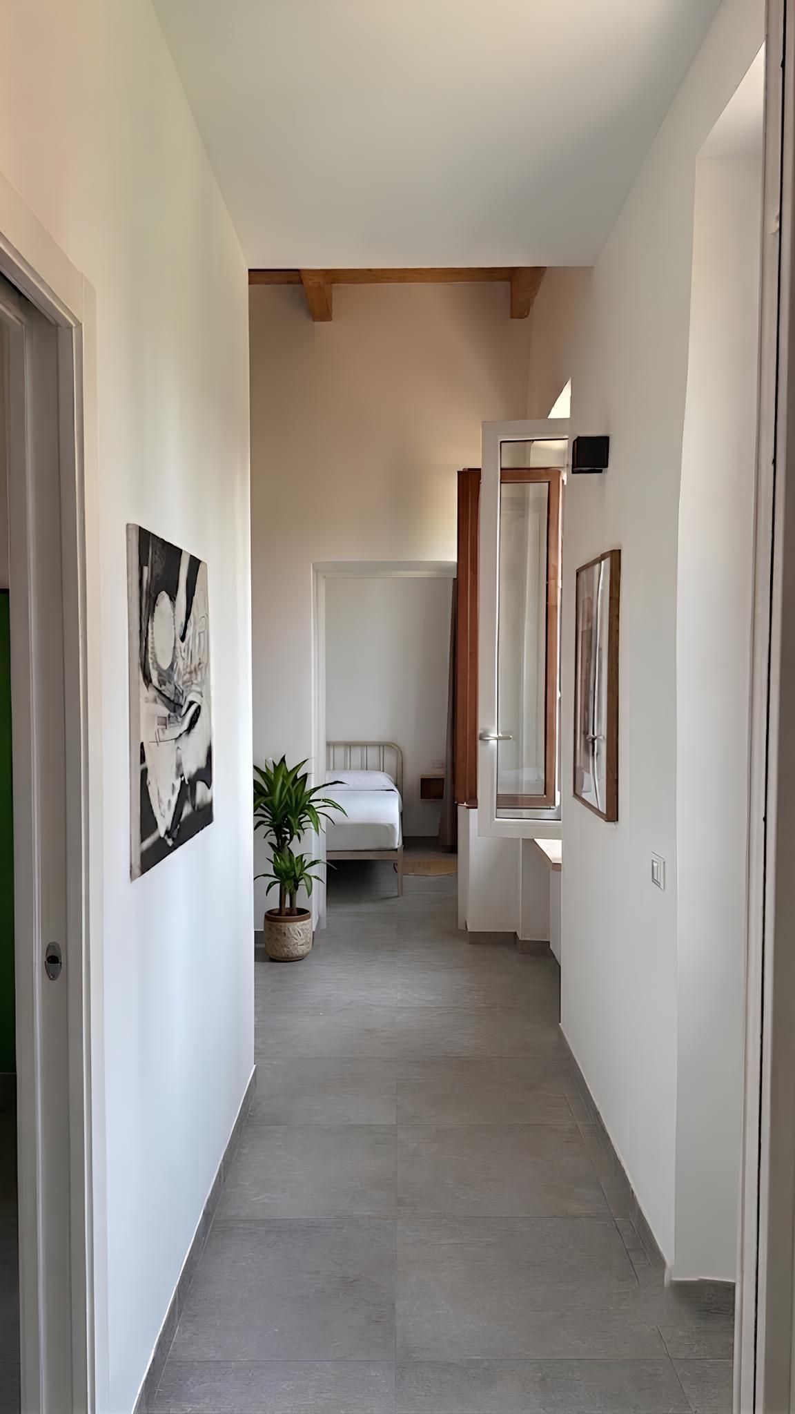 Un pasillo estrecho que lleva a un dormitorio con una cama, una planta en maceta y una puerta con espejo.