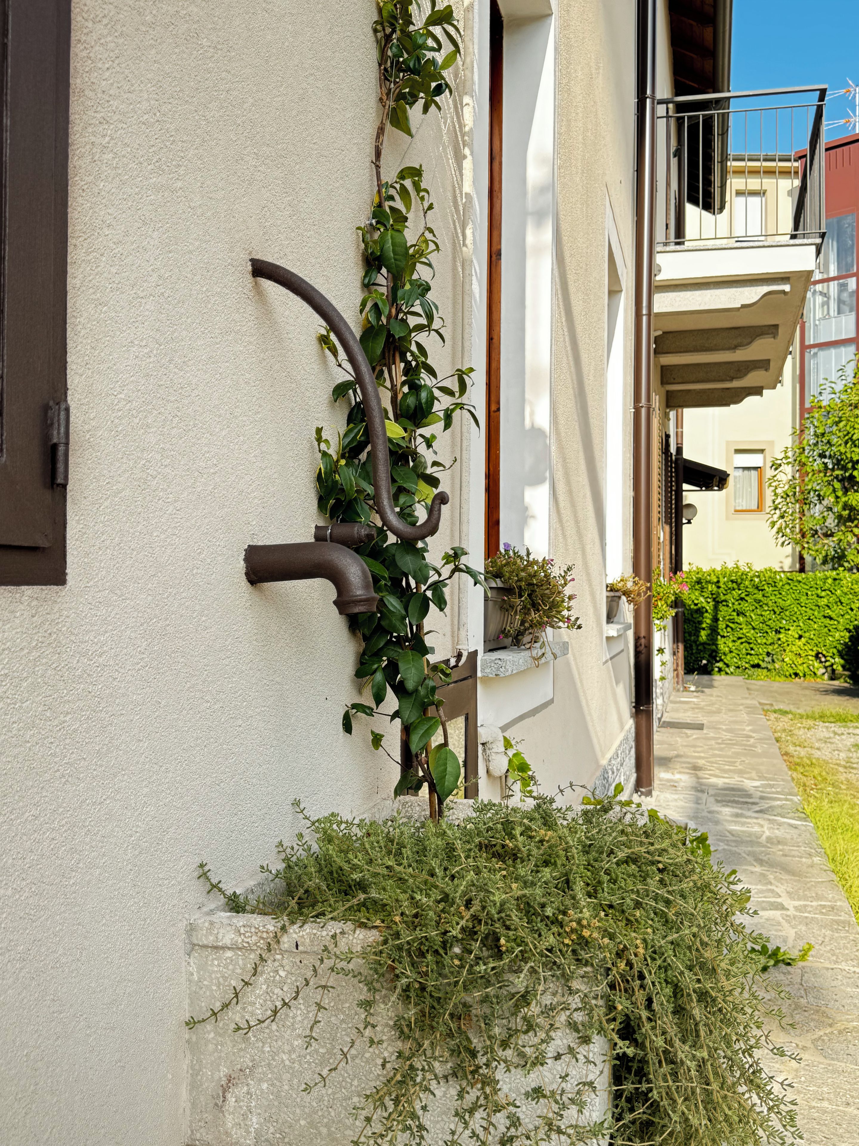 Un edificio con facciata bianca, una porta in metallo e un piccolo giardino con piante.