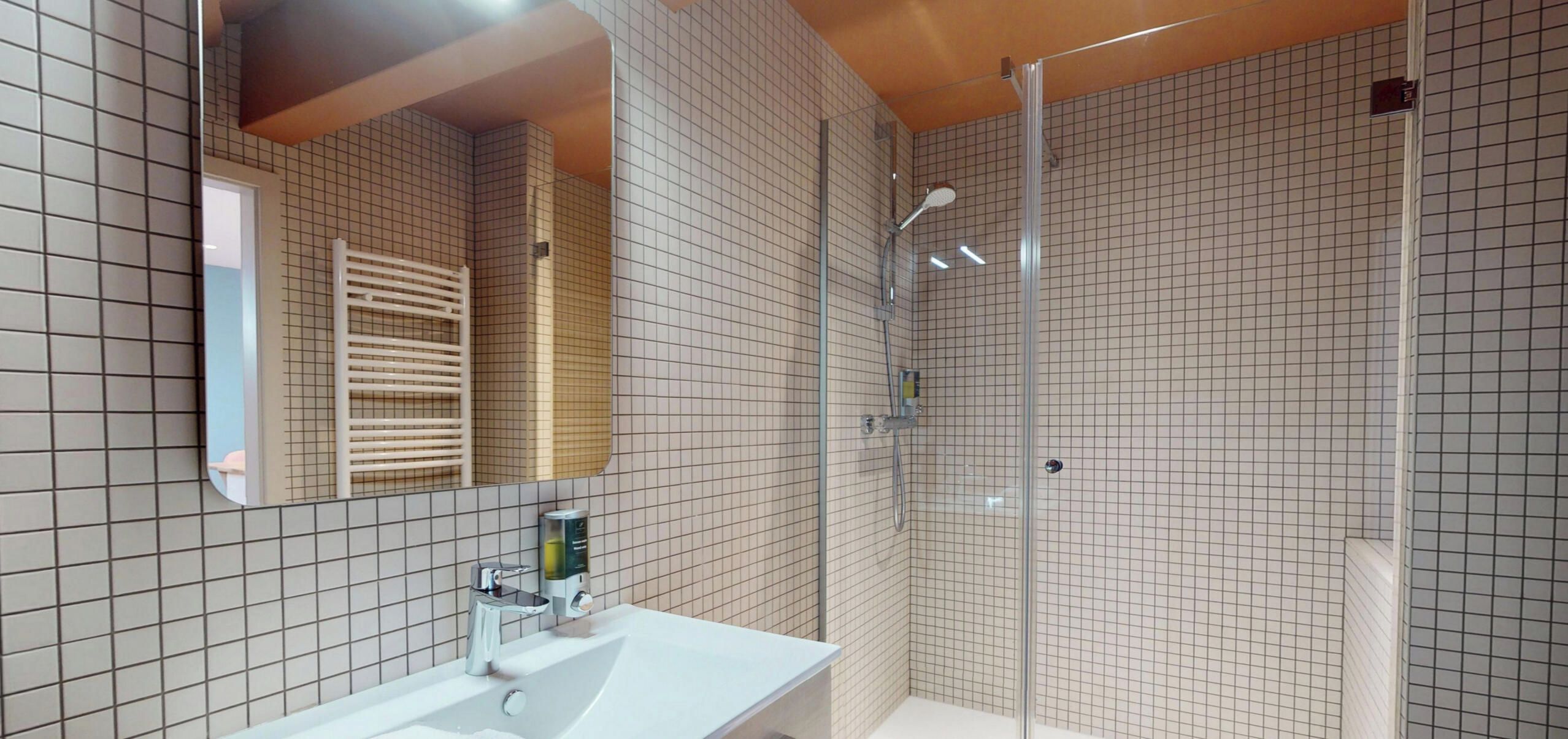 Une salle de bain avec un lavabo blanc, un miroir et un espace douche.