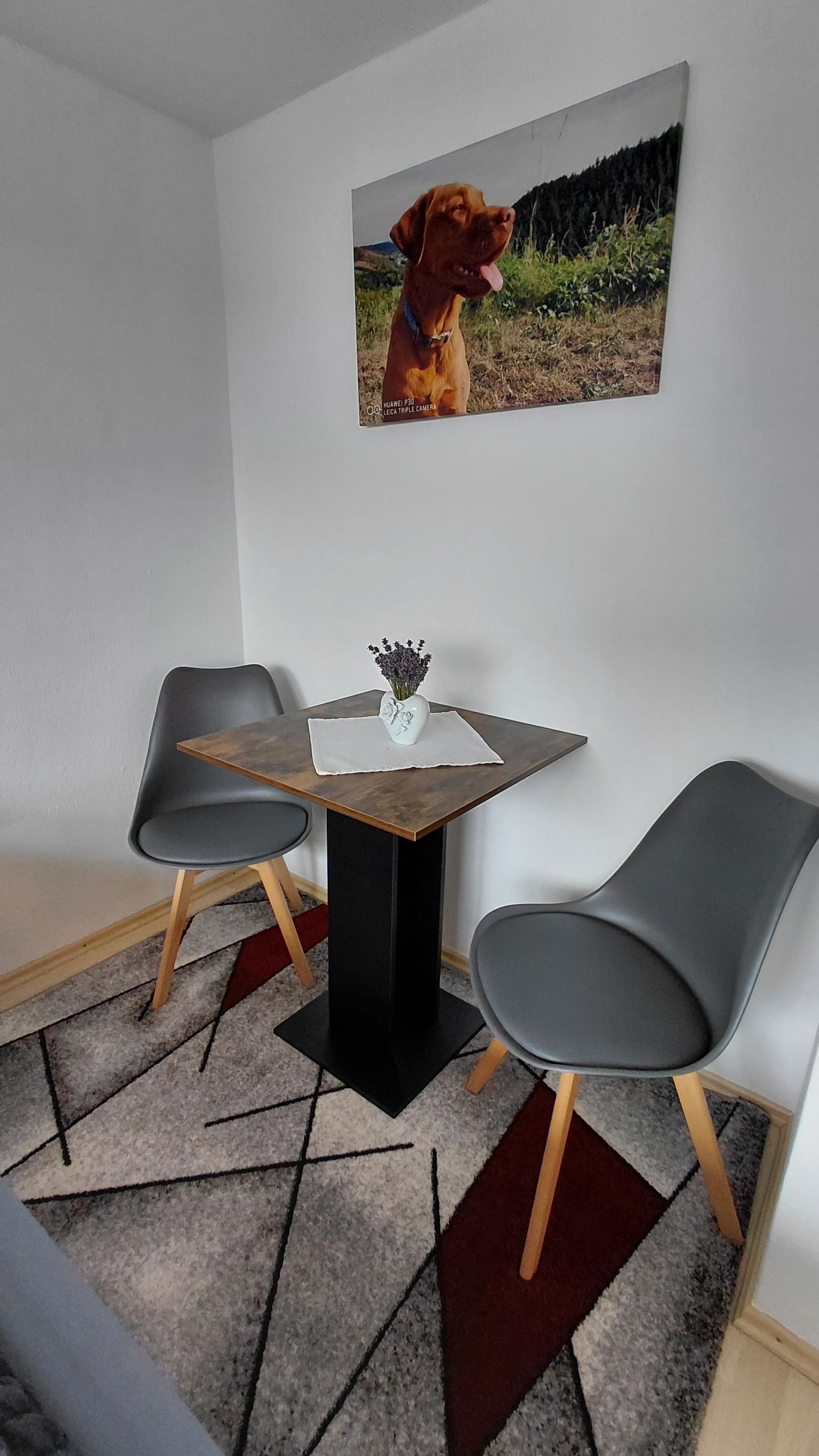 Ein Essbereich mit Tisch, zwei Stühlen und einem Wandbild von einem Hund.