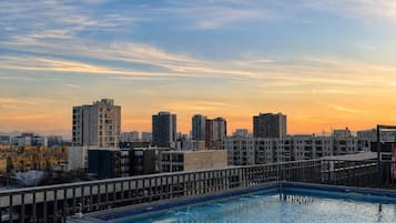 A rooftop swimming pool with a city skyline in the background.