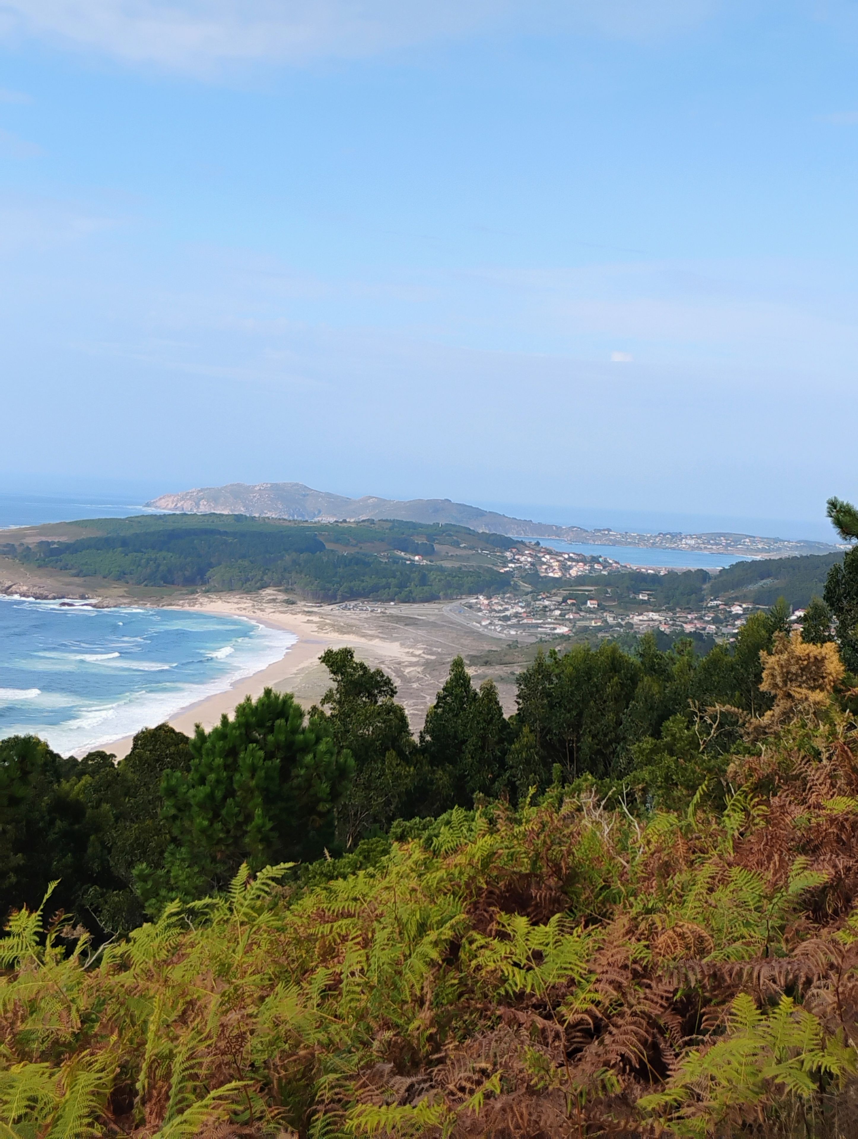 Paesaggio costiero con spiaggia, colline boscose e un borgo in lontananza.