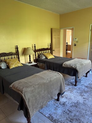 A room with two beds, a nightstand, a lamp, and a door leading to another room. - Cozy 2-bedroom house in quaint Ocho Rios with AC (Ocho Rios)