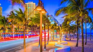 A beachfront promenade with palm trees, a curved walkway, and a road with light trails.