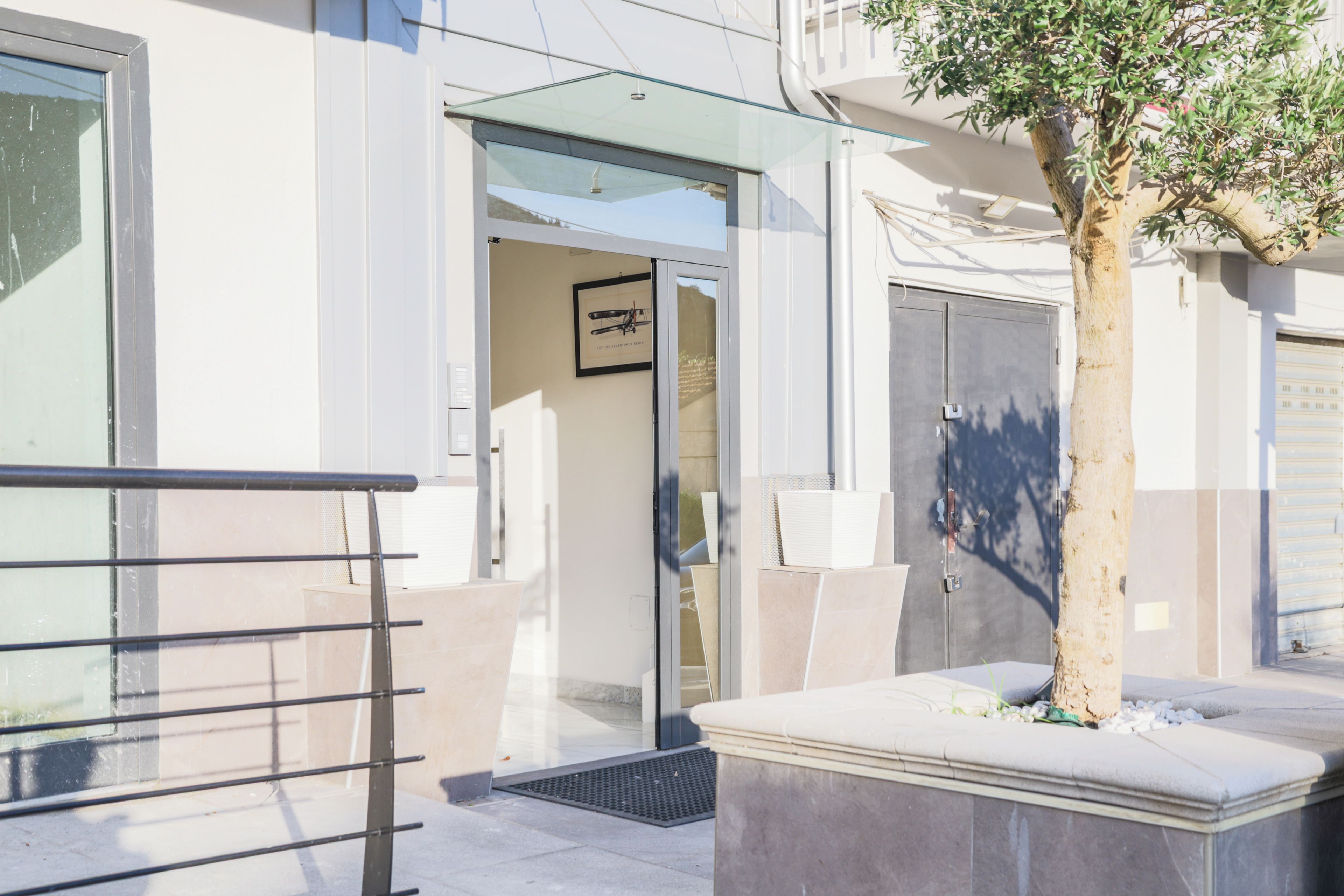 A modern building entrance with a glass door, a metal gate, and a tree in a planter.