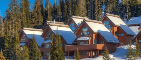 Un conjunto de edificios tipo cabaña de troncos rodeado de nieve y altos pinos.