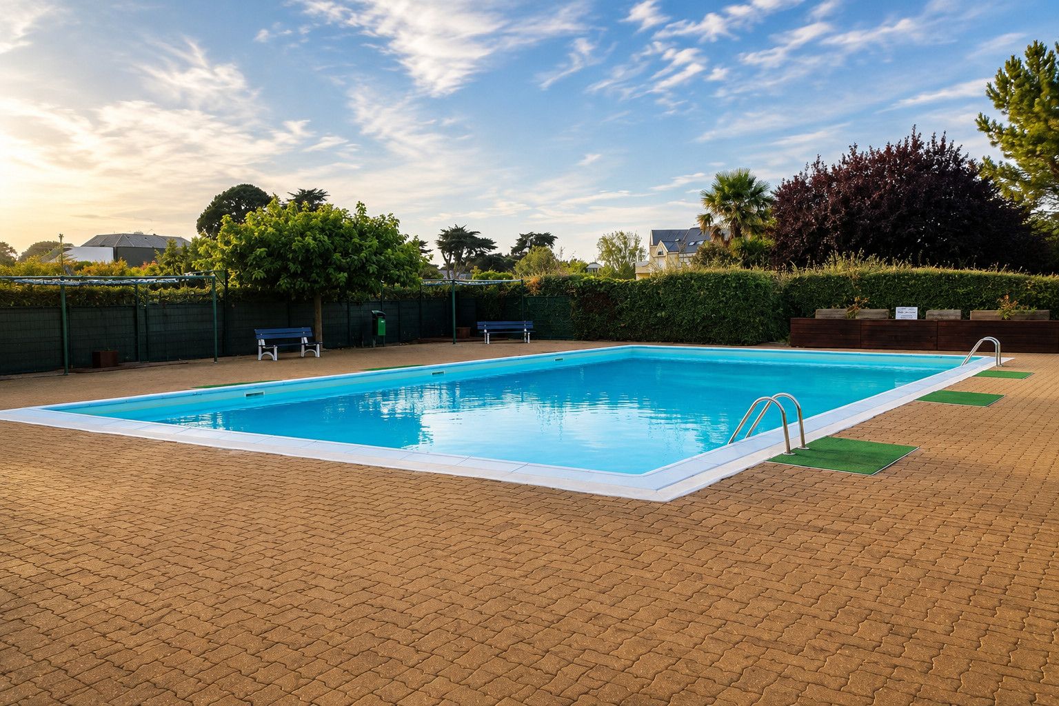 Une piscine rectangulaire à l’eau d’un bleu limpide, entourée d’une zone pavée dont le motif est constitué de briques.