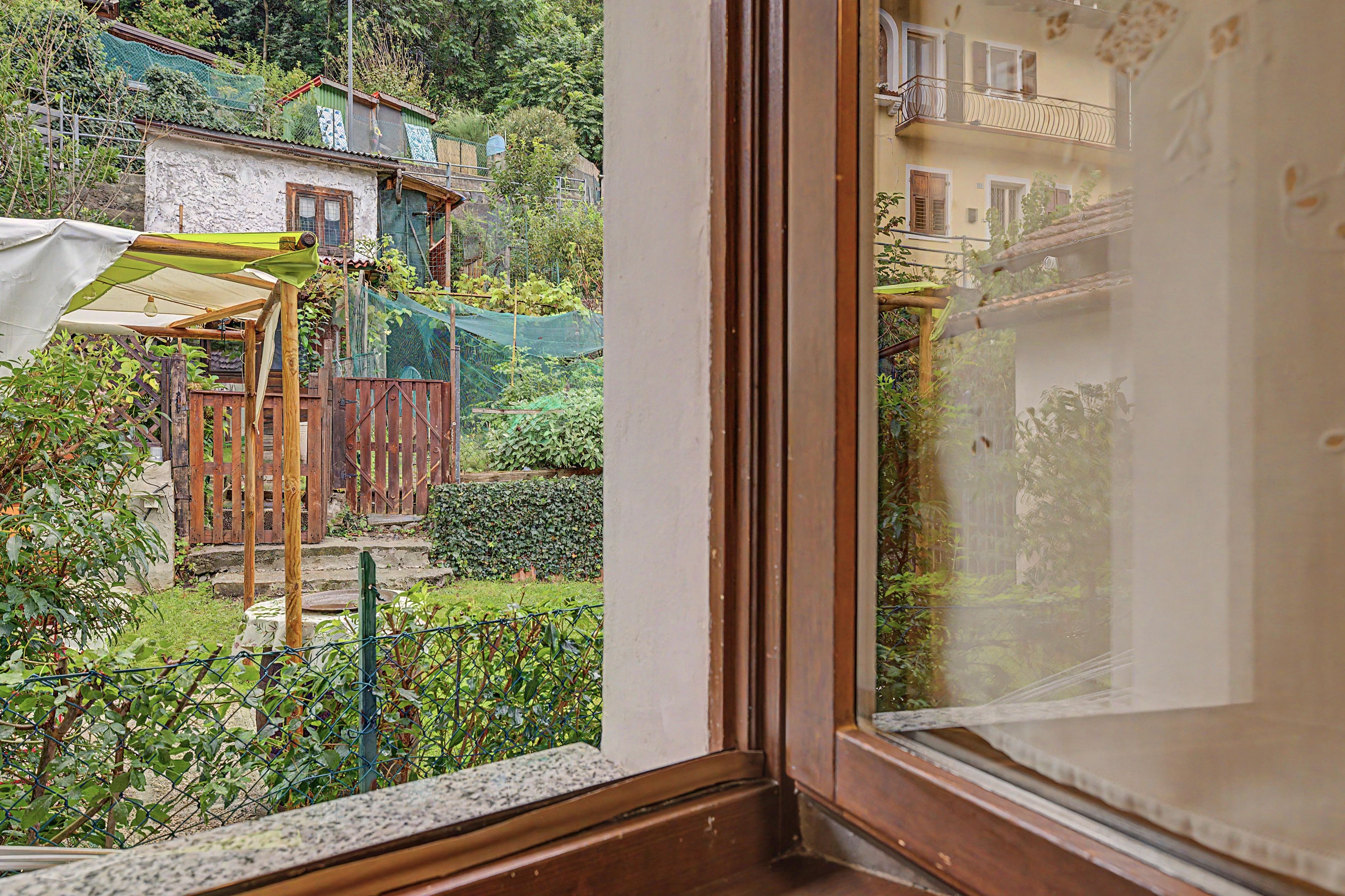 Blick aus dem Fenster auf einen Garten mit einer Holz-Pergola, einem Holzzaun und verschiedenen Pflanzen.