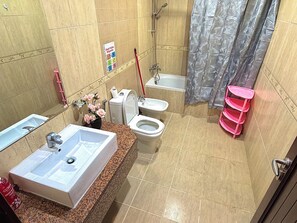 A bathroom with a sink, toilet, bidet, and shower area. - Homeland Female Hostel (Dubai)