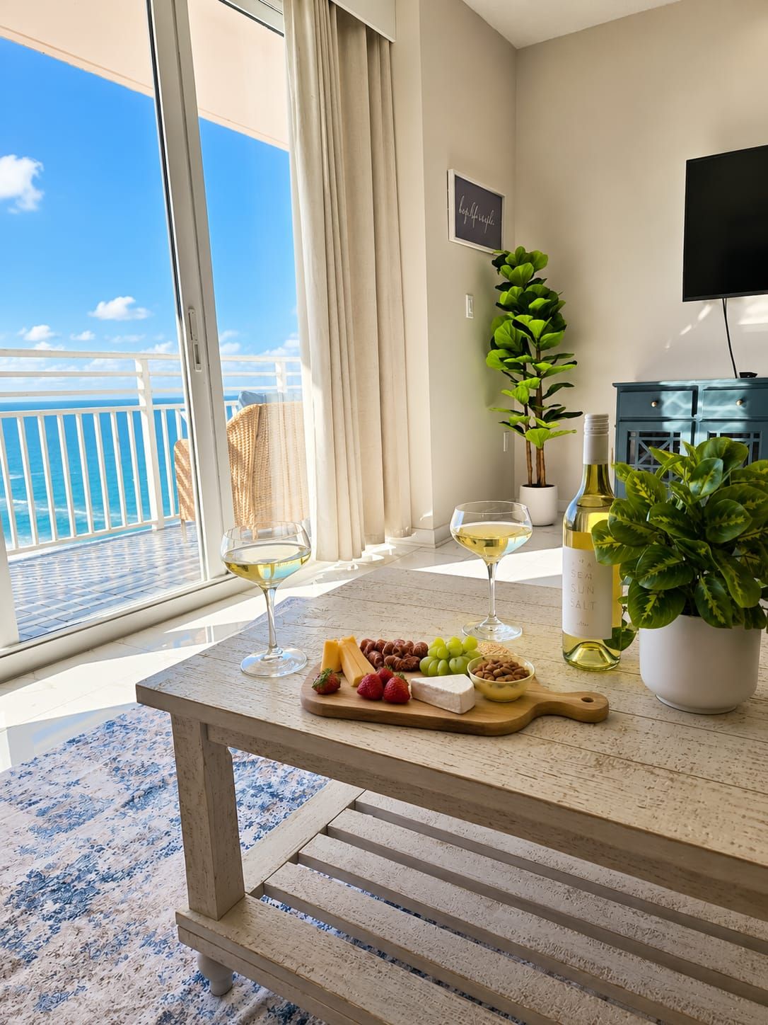 Un balcon avec une table dressée, sur laquelle on a disposé une planche de fromages, des verres à vin et une bouteille de vin.