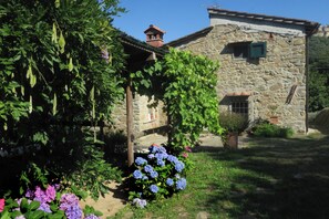 Un bâtiment en pierre doté d’une pergola en bois recouverte de vignes, entouré d’un jardin où poussent des hortensias.