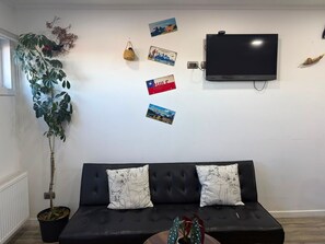 Una sala de estar con un sofá negro, dos cojines, un televisor y adornos en la pared que incluyen una planta y objetos con motivos de viajes.