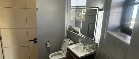 A modern bathroom with a toilet, bidet, and sink.