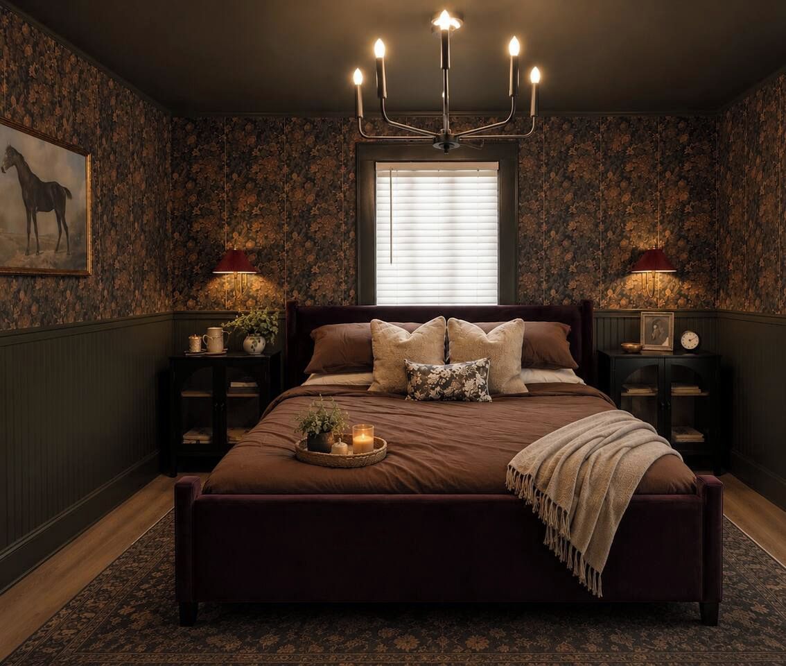 Ein Schlafzimmer mit einem großen Bett, zwei Nachttischen, einer Chandelüster, einem Fenster mit Jalousien und einem gerahmten Bild an der Wand.