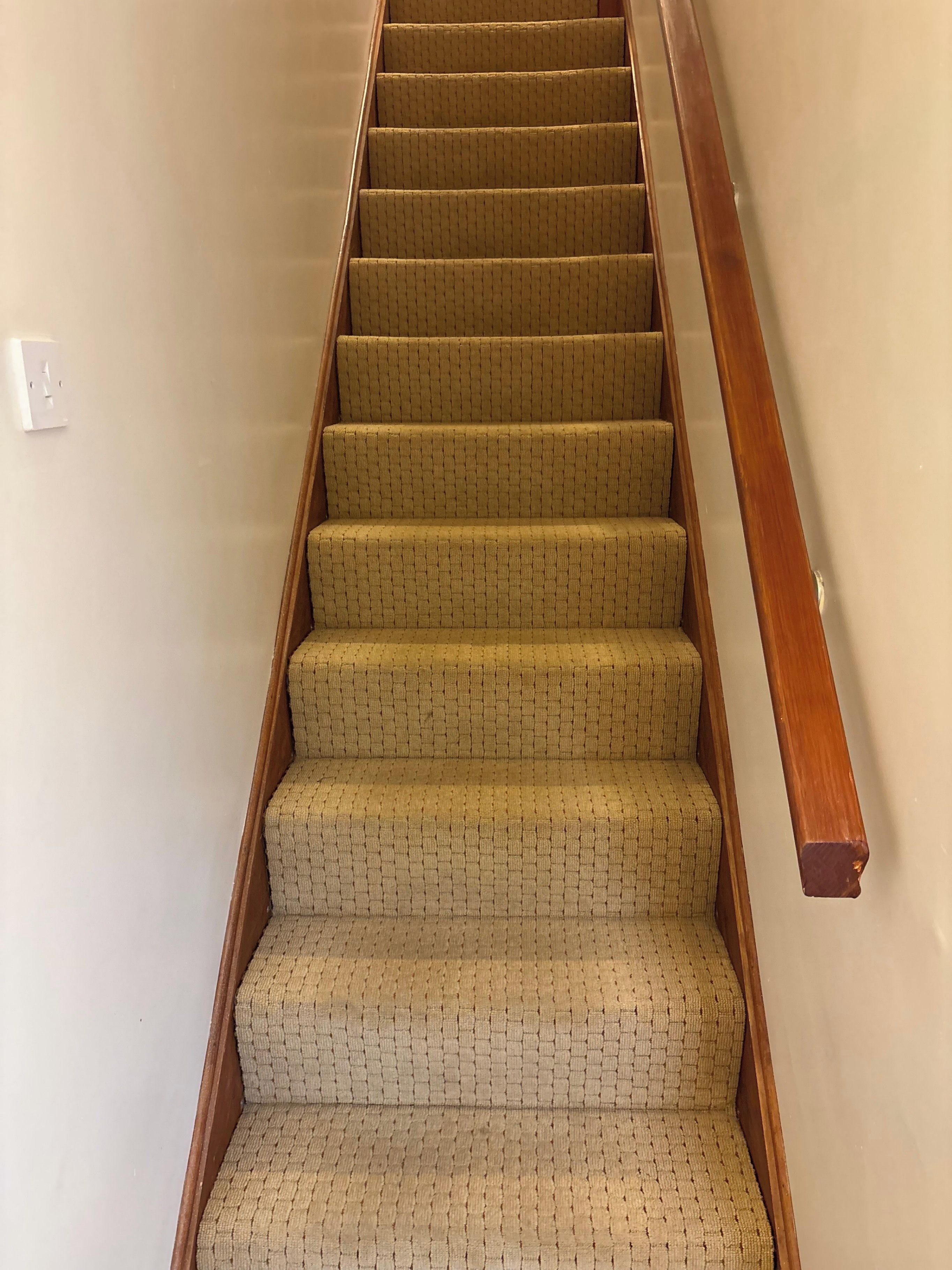 A staircase with a wooden handrail and carpeted steps.