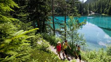 A group of hikers on a forested trail with a clear lake in the background.