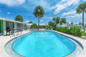 Une piscine à bord incurvé, entourée d’une clôture, avec des palmiers en arri ère-plan.
