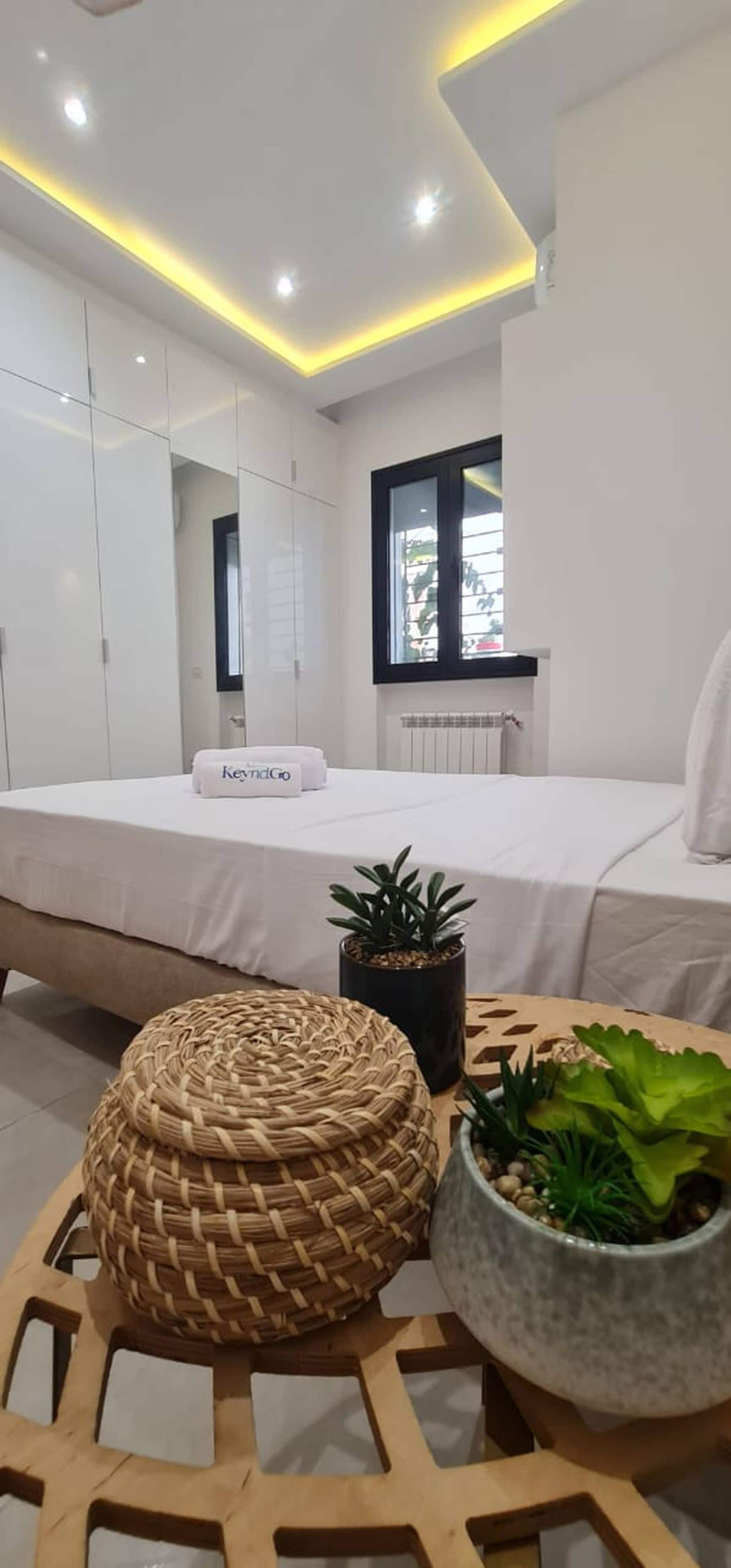 Une chambre à coucher moderne avec un lit, une table de chevet agrémentée d’une plante et un pouf en fibres tressées.