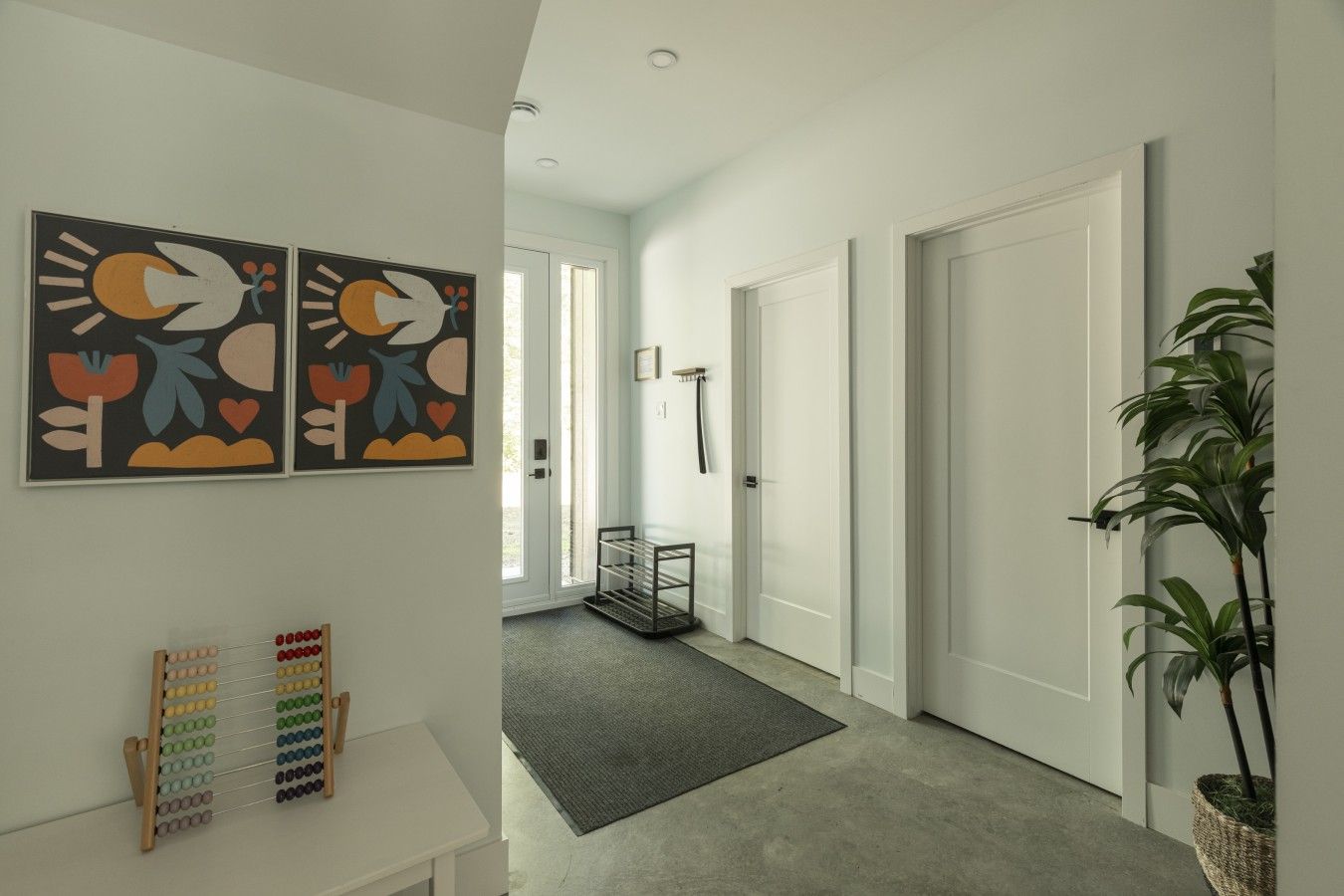 A hallway with a white door, a black metal rack, and a plant on the right.