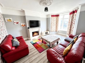 Een woonkamer met een open haard, rode banken, een flatscreen televisie en een kleurrijk vloerkleed.