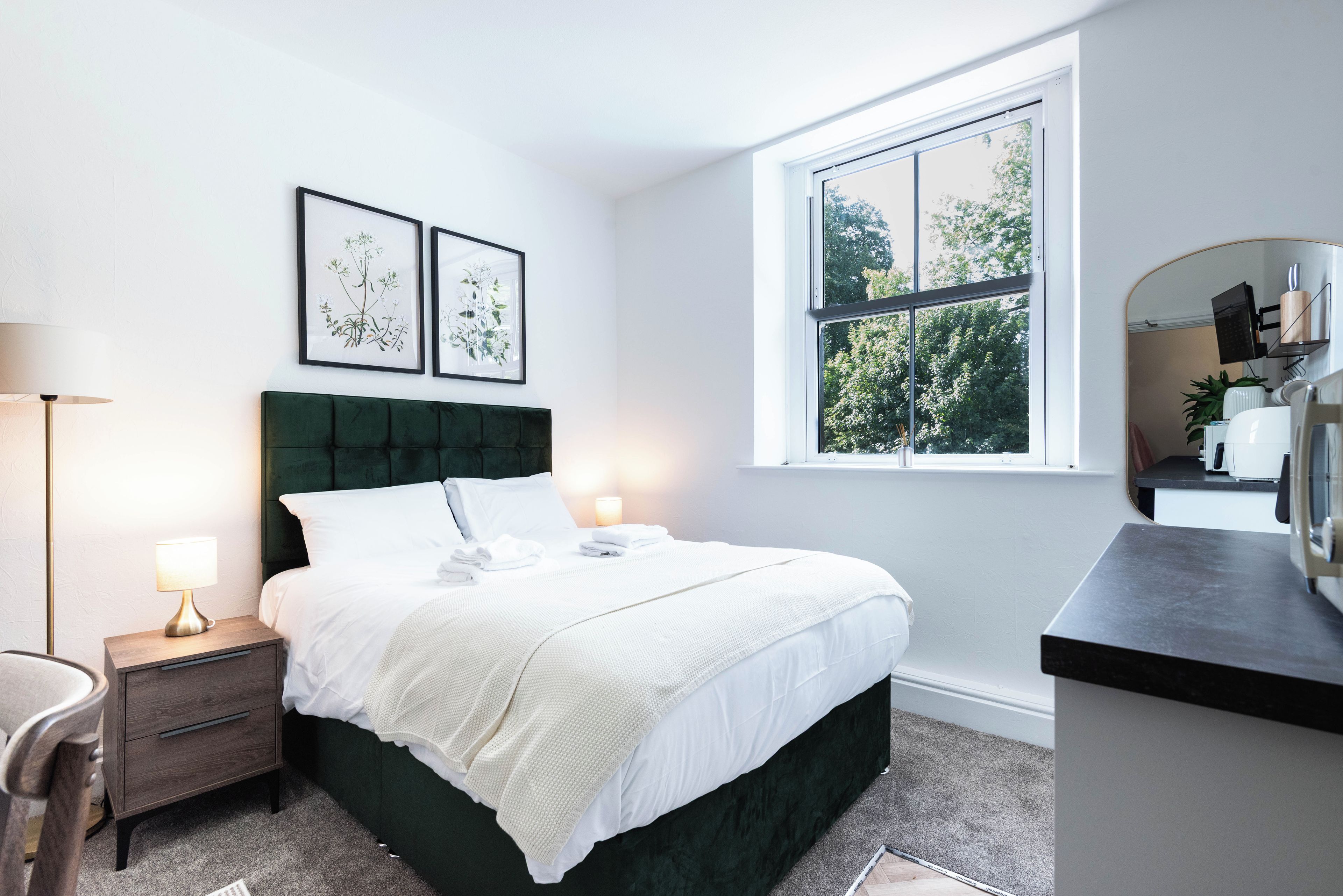A hotel room with a bed, bedside table, lamp, framed botanical prints, a window with a view of trees, and a mirror.