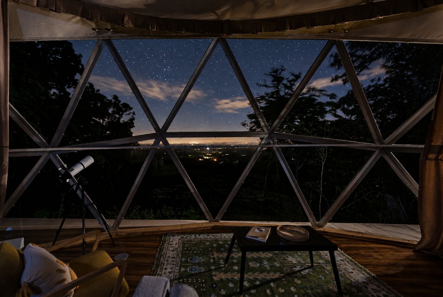A room with a telescope, a starry night view through a geometric window, and a wooden floor.