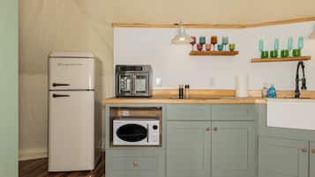 A compact kitchen with a refrigerator, microwave, toaster, and a wooden countertop.