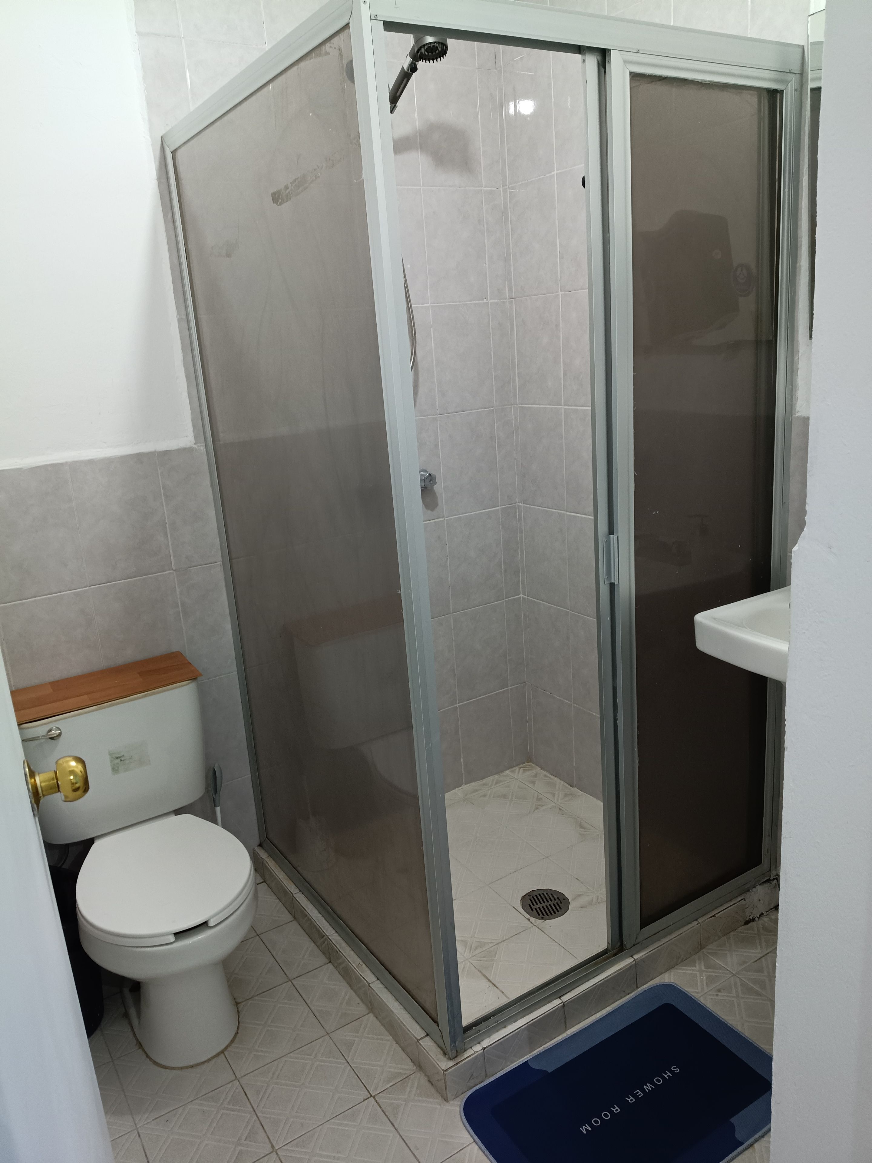 Un baño con cabina de ducha, inodoro y lavabo.