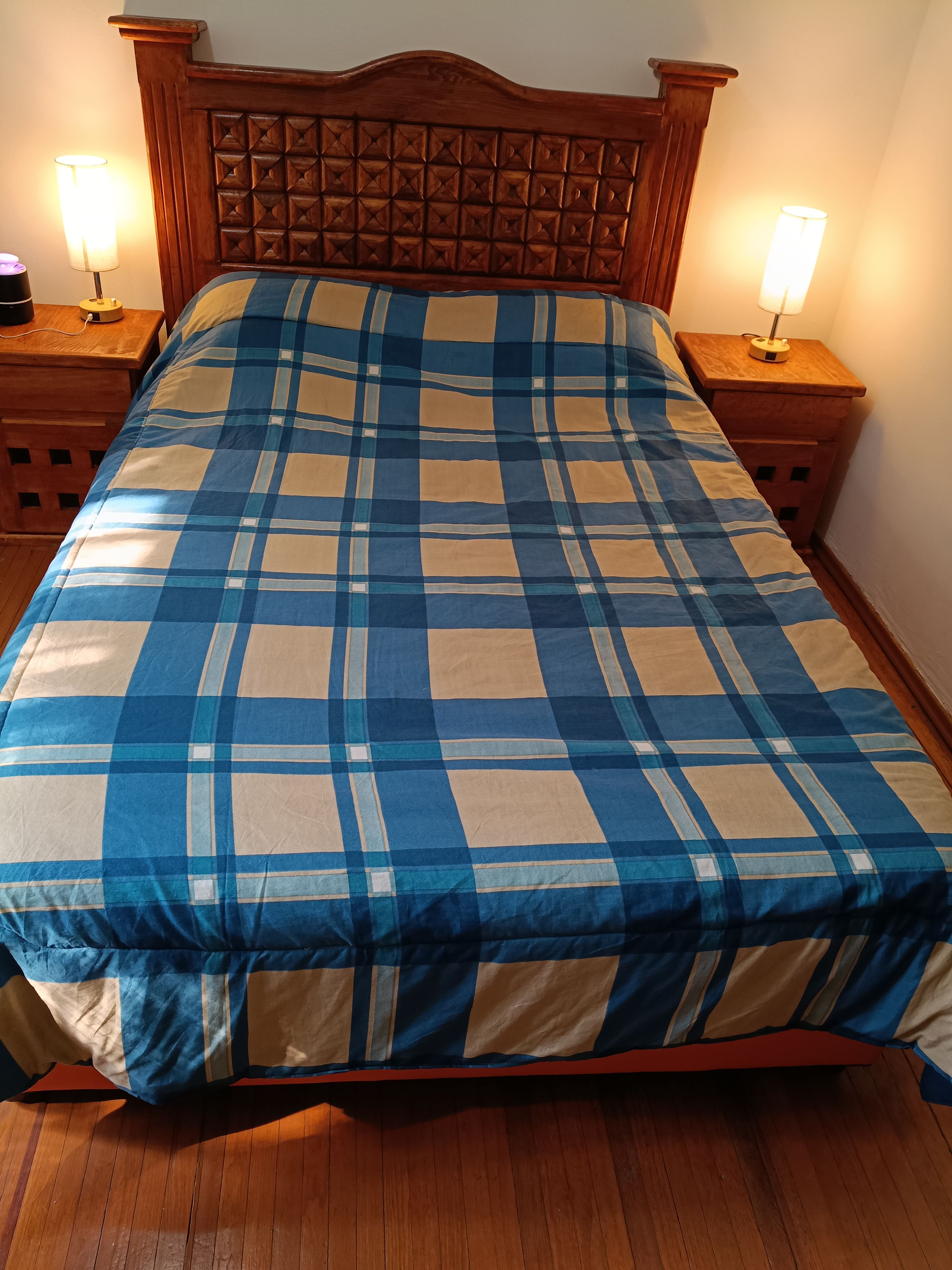 A bed with a plaid bedspread, wooden headboard, and two bedside lamps on wooden nightstands.