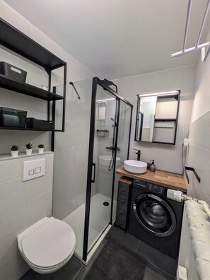 A compact bathroom with a glass-enclosed shower, a white toilet, a washing machine, and a sink with a mirror above it. - Appartement cosy proche du centre de Strasbourg (Strasbourg)