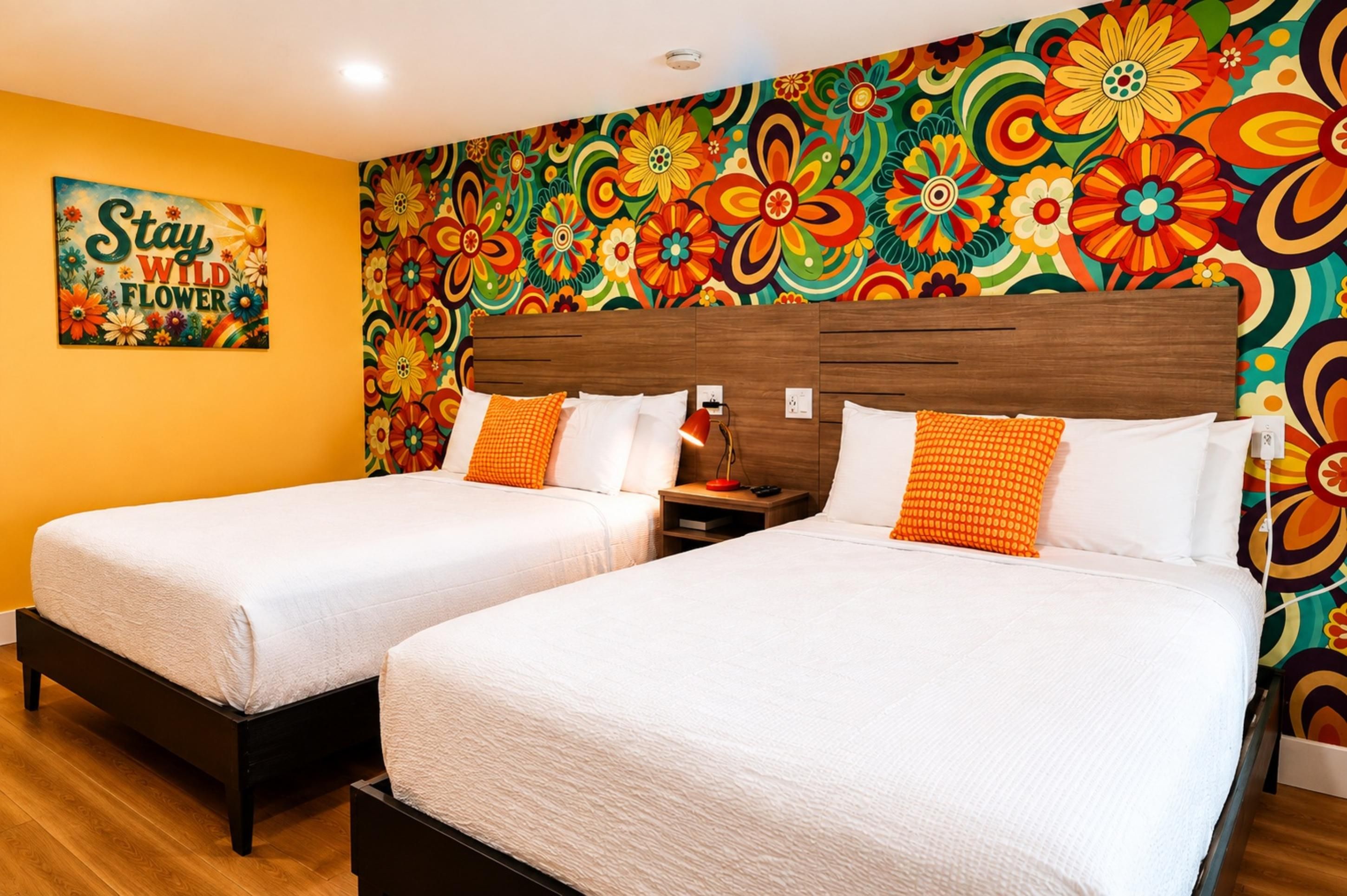 A hotel room with two beds, a colorful floral wall mural, and a sign that reads 'Stay Wild Flowers'.