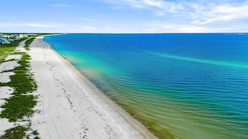A beach with a clear view of the ocean and a sandy shoreline.